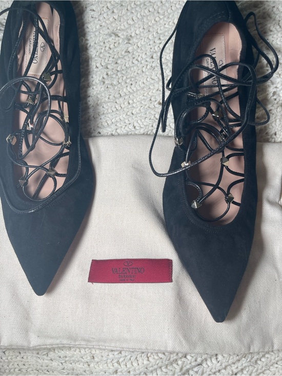 Valentino Shoes - Valentino Black Lace-Up Pointed-Toe Flats with Strappy Detail